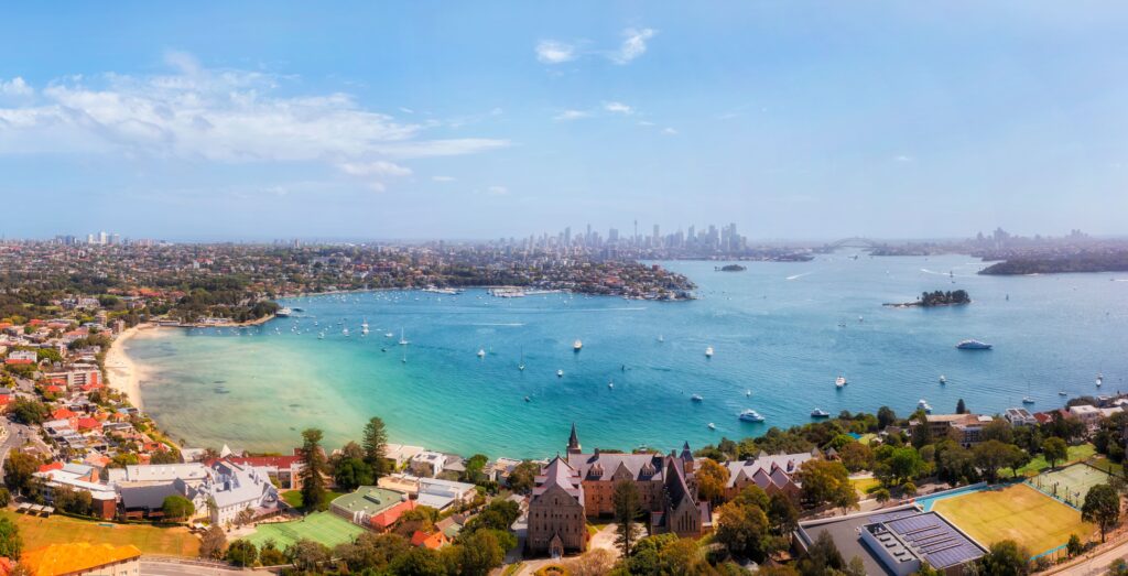 Aerial view of Rose Bay waterfront and marina in Sydney's Eastern Suburbs